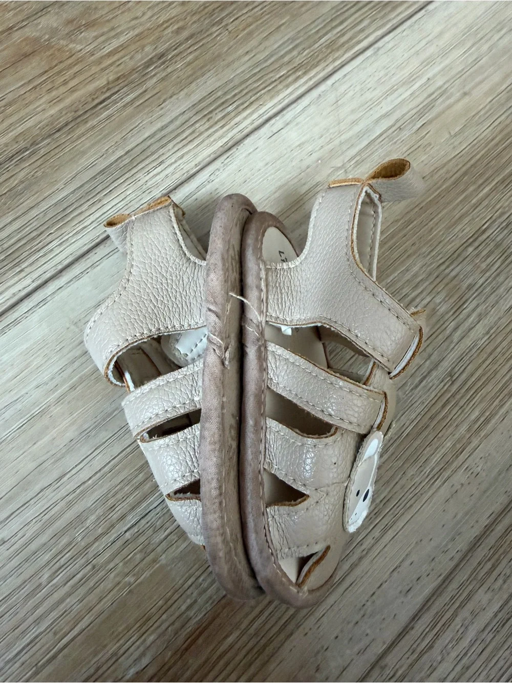 Little Me Beige/Tan Bear Appliqué Fisherman Sandals